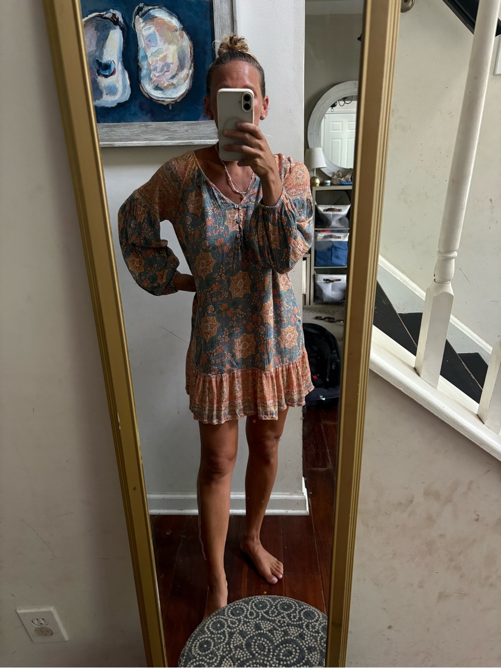 Billabong Floral Long-Sleeve Mini Dress in Blue & Peach